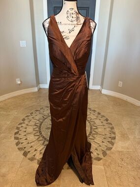 Elegant Chocolate Brown V-Neck Evening Gown with thigh high slit corset back